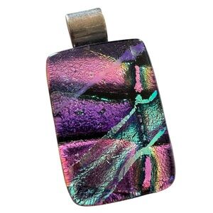 Vintage Dichroic Glass Pendant Sterling Silver Stamped 925 Pink Purple